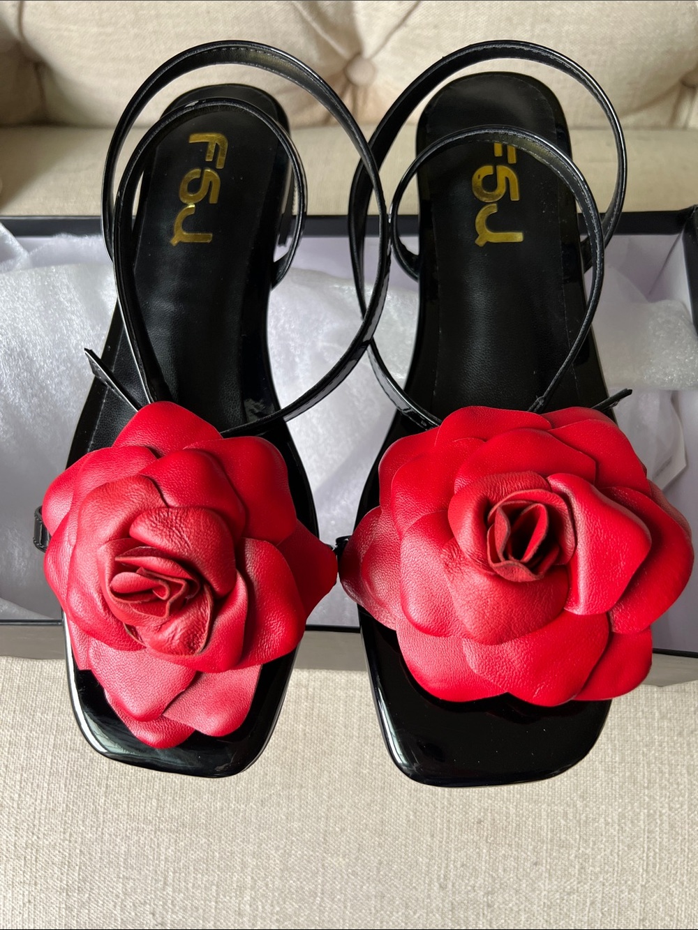 FSJ Black Patent Sandals with Red Rose Appliqués